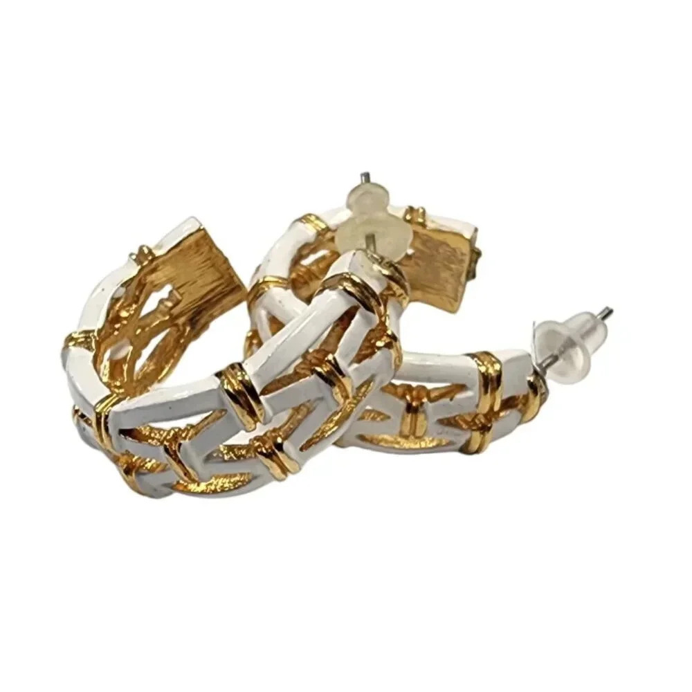 Vintage White Enamel Bamboo Half Hoop Earrings Gold Tone